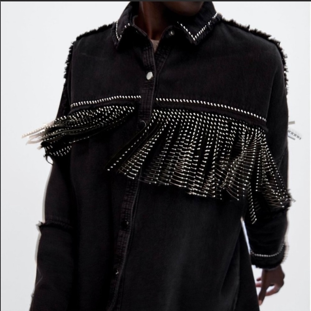 Zara Black Jean Jacket with Silver Fringe